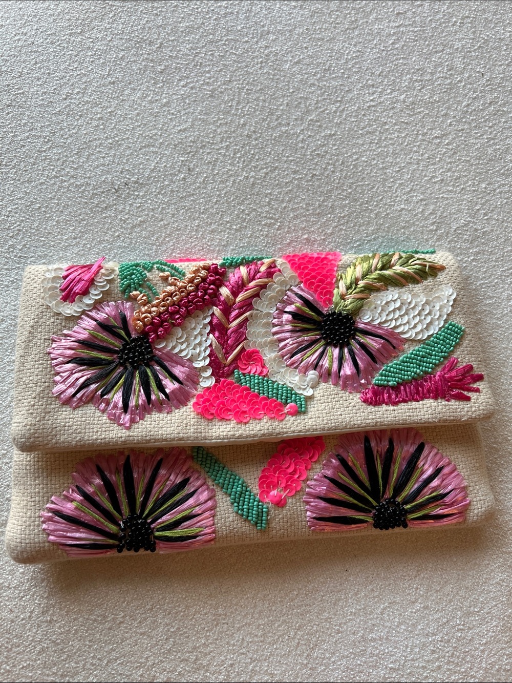 Embroidered Floral Sequin Crossbody Bag in Beige and Pink